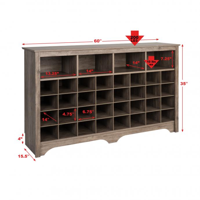 60" Shoe Cubby Console, Drifted Gray with dimensions