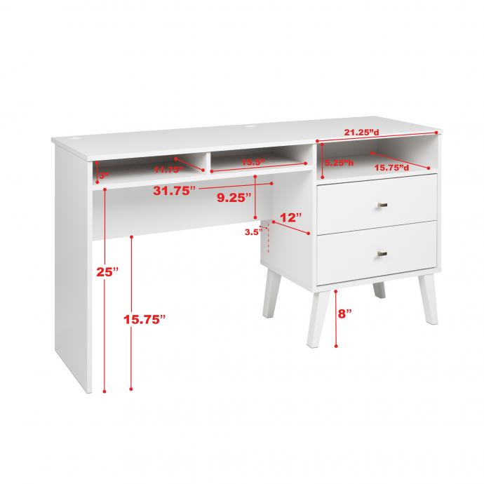 Milo Desk with Side Storage & 2 Drawers with dimensions, White
